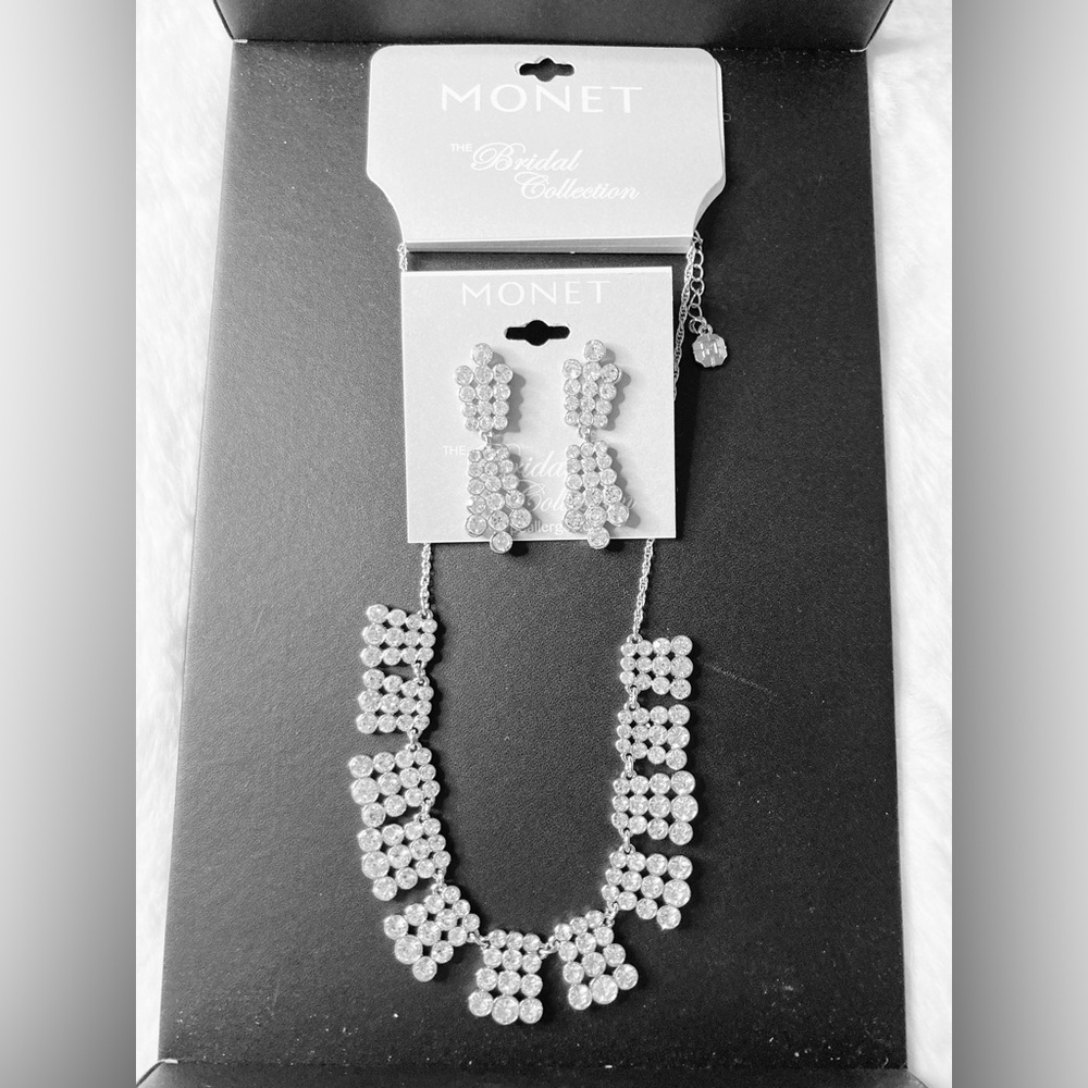 Monet Clear Crystal Cluster Drop Earrings & Necklace Set